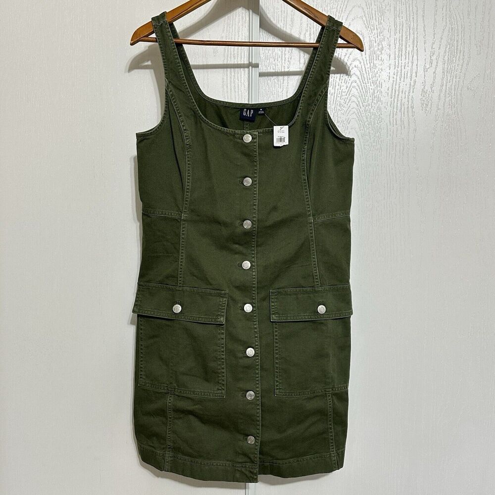 Gap Denim Cargo Dress Woman Size Medium Green Button Front Pockets Sleeveless